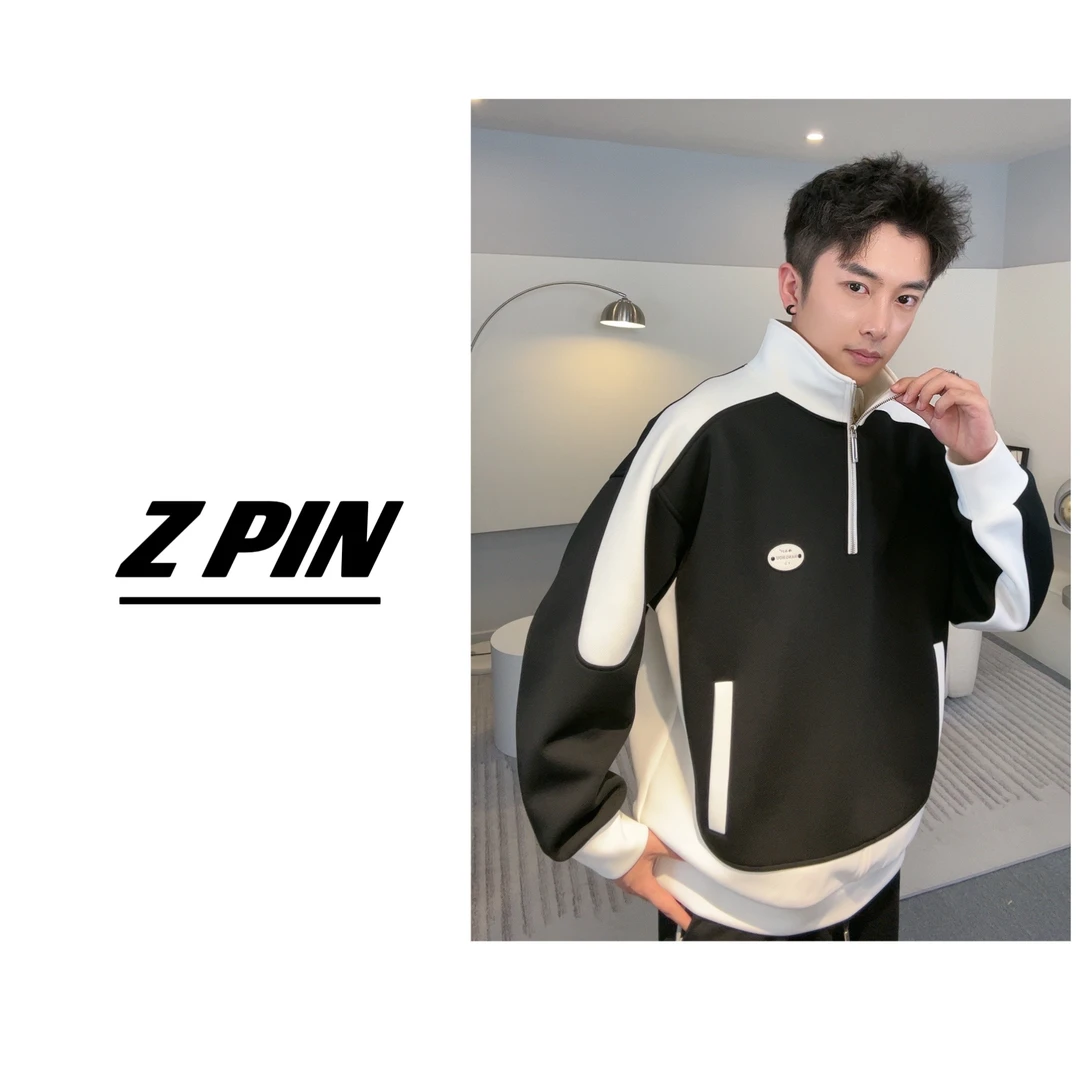 （臻品）2024春季新品休闲拼色拼接百搭潮流撞色立领宽松卫衣W-737