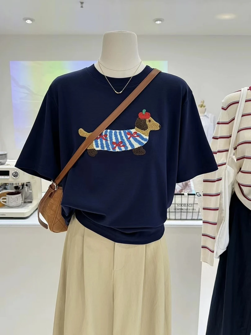 纯棉立体刺绣腊肠小狗夏季百搭美式复古宽松显瘦短袖打底衫T恤女