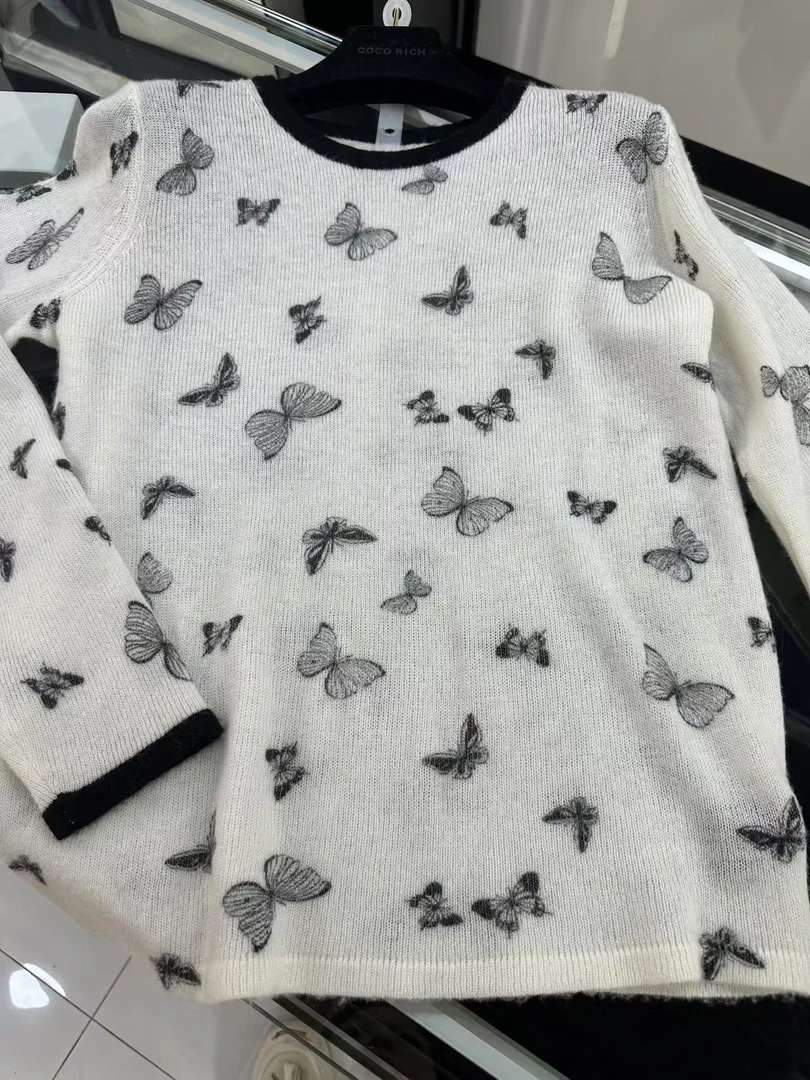 印花蝴蝶银丝针织上衣