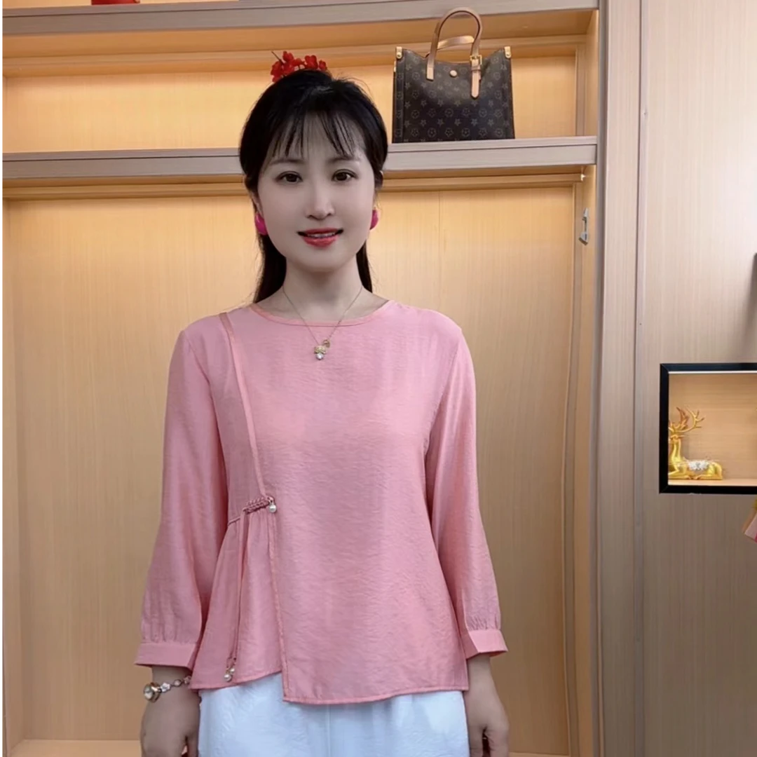 新中式国风时尚气质洋气纯色珍珠扣圆领八分袖休闲宽松百搭显瘦