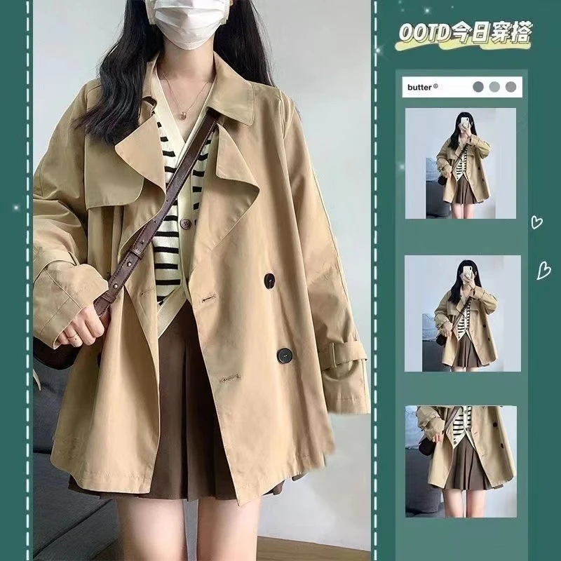 Z10小众时尚宽松长袖风衣女2024春季新款高级感学院风卡其色外套