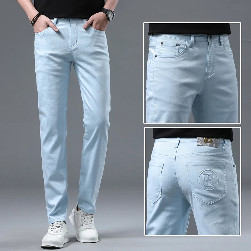 春夏轻奢休闲百搭修浅蓝身时尚男士牛仔裤子男-K9819