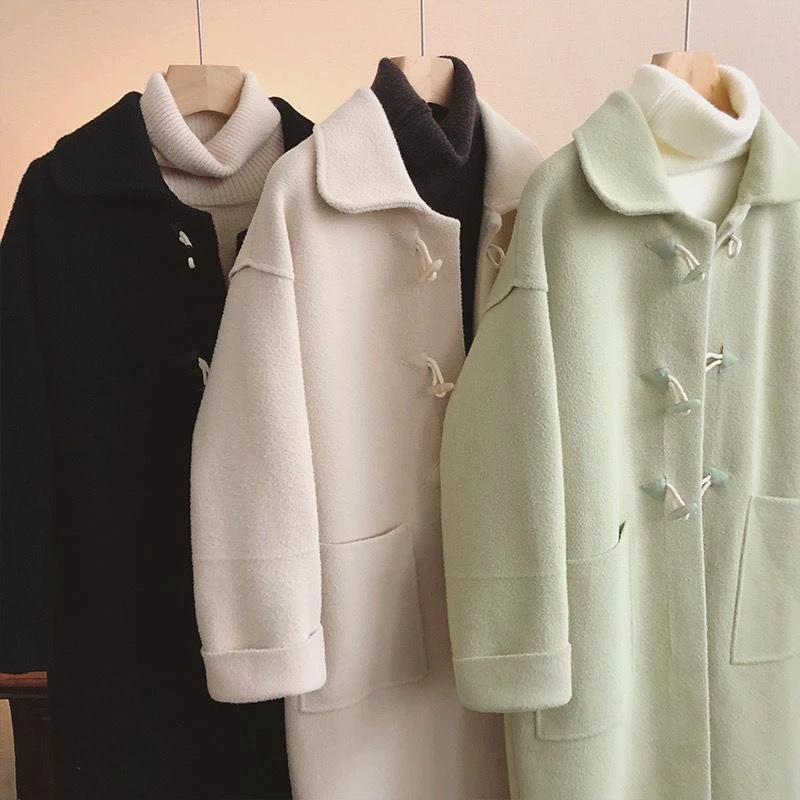 001-050双面毛呢外套女春秋新款宽松牛角扣口袋洋气妮子大衣