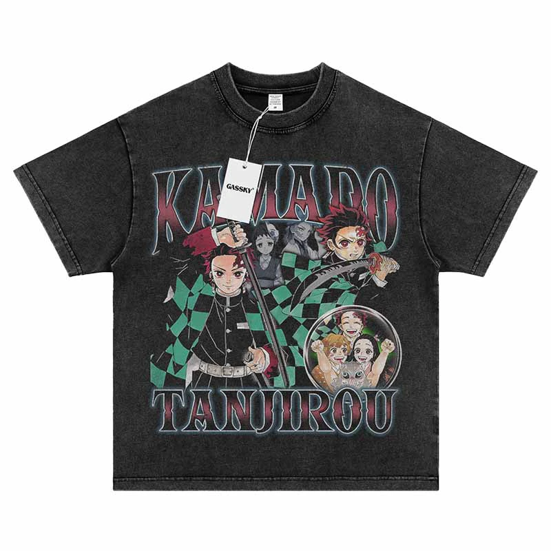 鬼灭T恤炭治郎动漫印花复古重磅水洗做旧vintage短袖男女