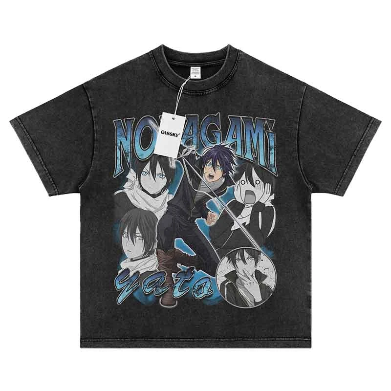 野良神夜斗动漫印花短袖美式复古水洗做旧vintage高街国潮t恤男女