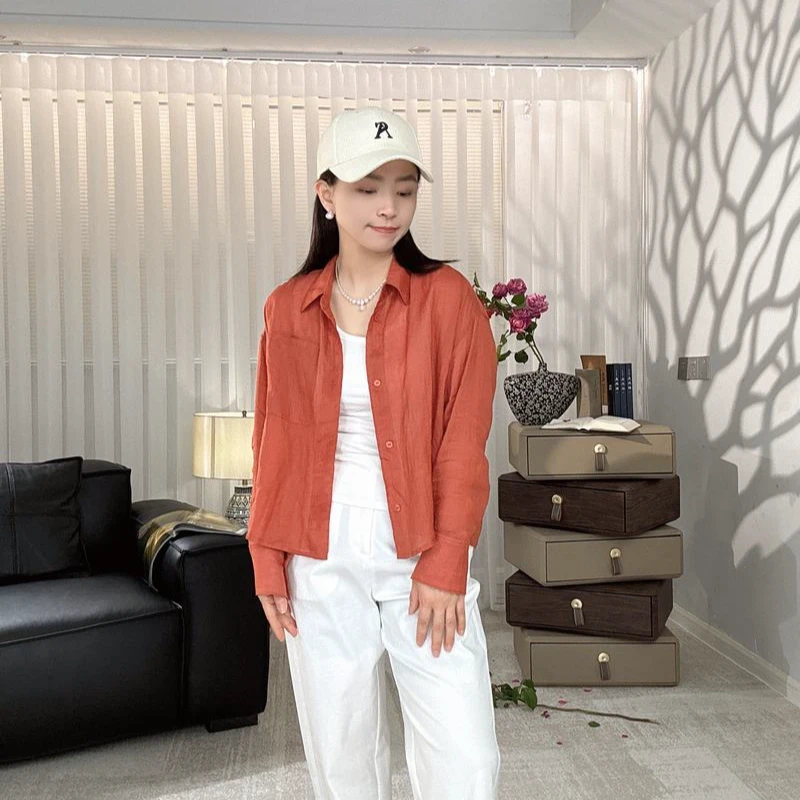 小个子长袖苎麻衬衫夏季薄款时尚纯色衬衣女简约通勤风