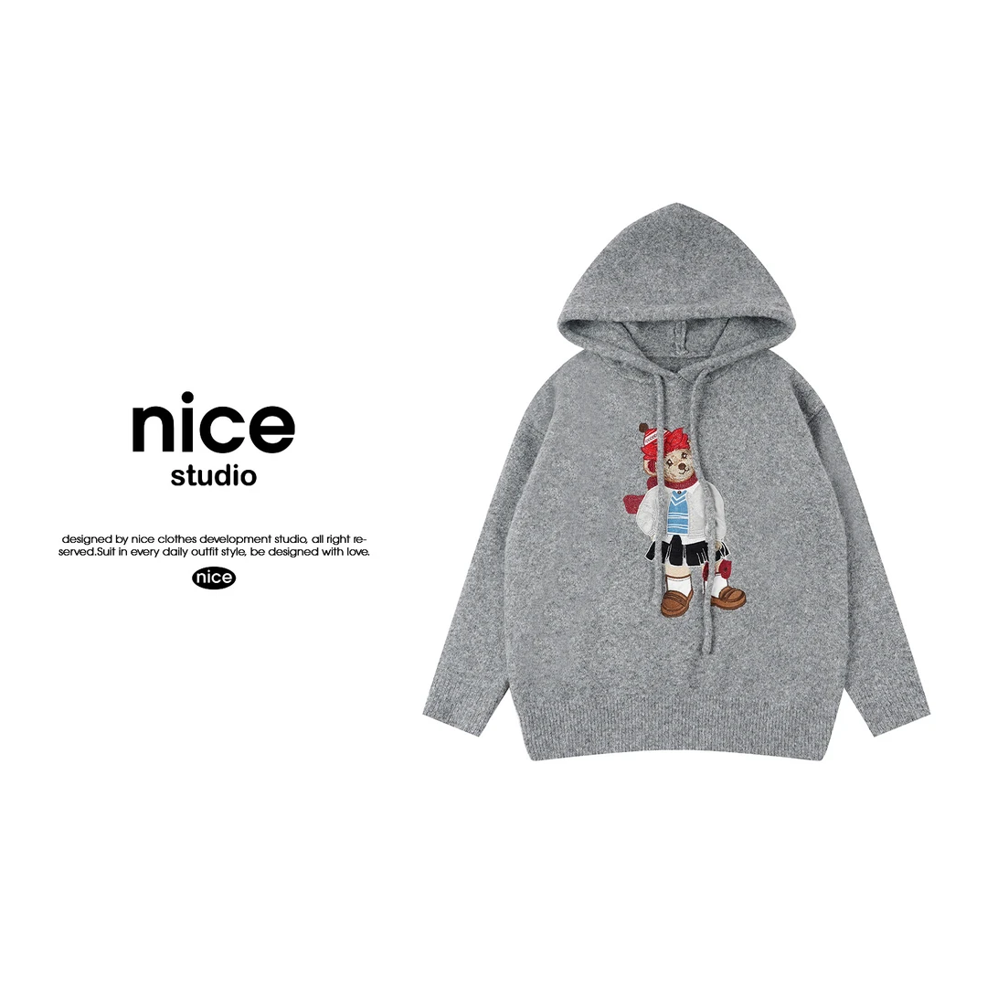 奈斯专属【小熊连帽刺绣毛衣】美式针织套头长袖CY24MY888