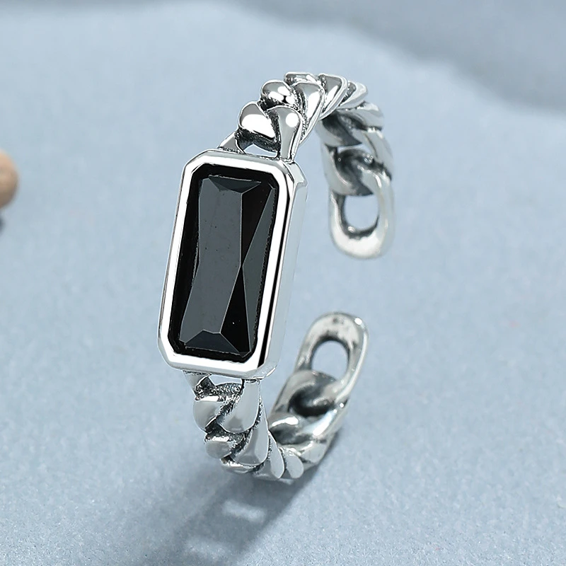 925银戒指 方形黑钻戒指女链条食指戒七夕礼物设计高级时尚尤莱特