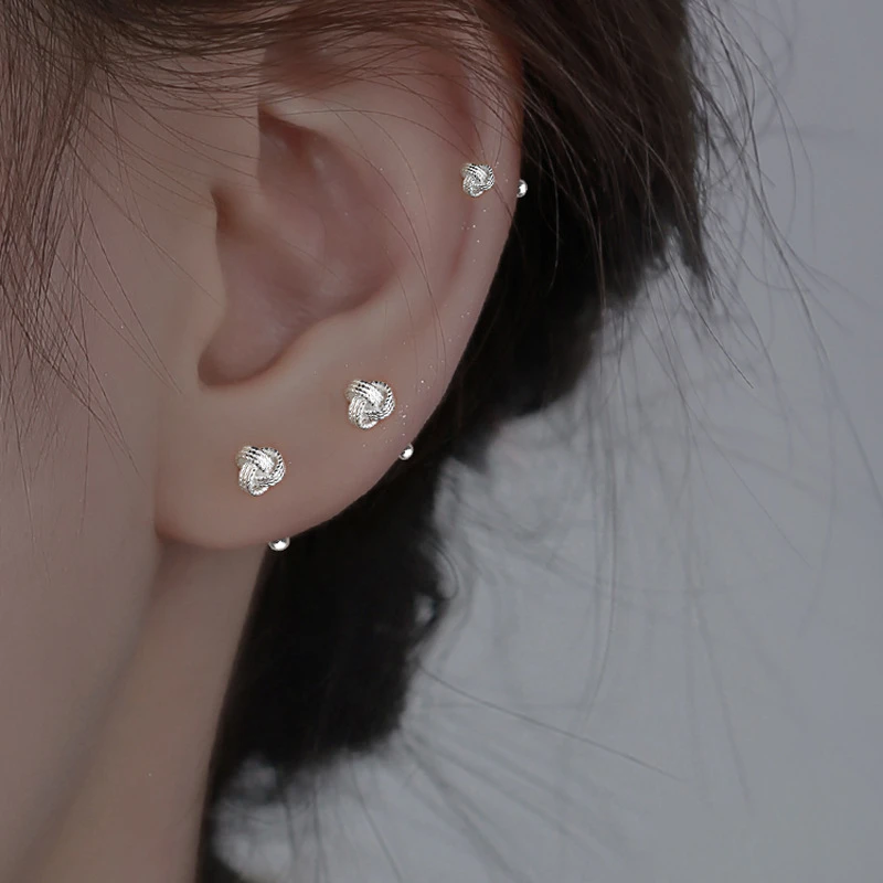 925银耳饰 如意结螺丝耳钉女简约镶钻百搭高级时尚耳骨钉新款耳饰