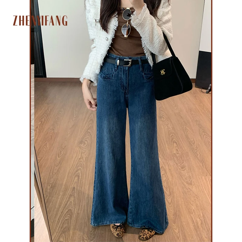 ZHENYIFANG/真衣坊复古蓝阔腿牛仔裤女宽松设计感小众喇叭裤