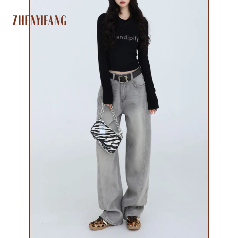 ZHENYIFANG/真衣坊加绒加厚牛仔裤女宽松高腰显瘦弯刀阔腿香蕉裤