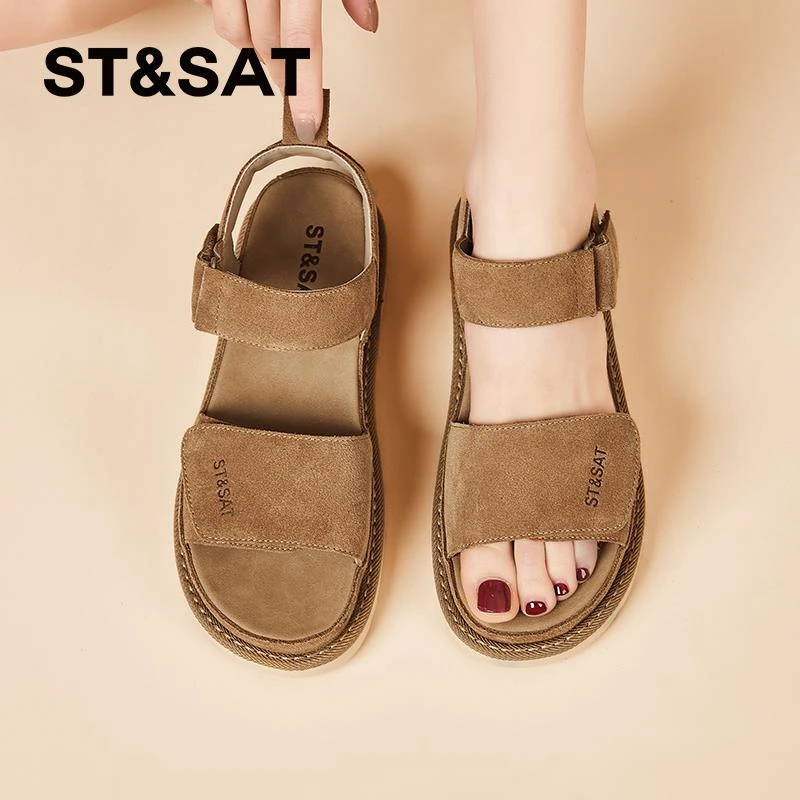 星期六女士绒面真皮厚底凉鞋2025夏季新款外穿绝美运动休闲沙滩鞋