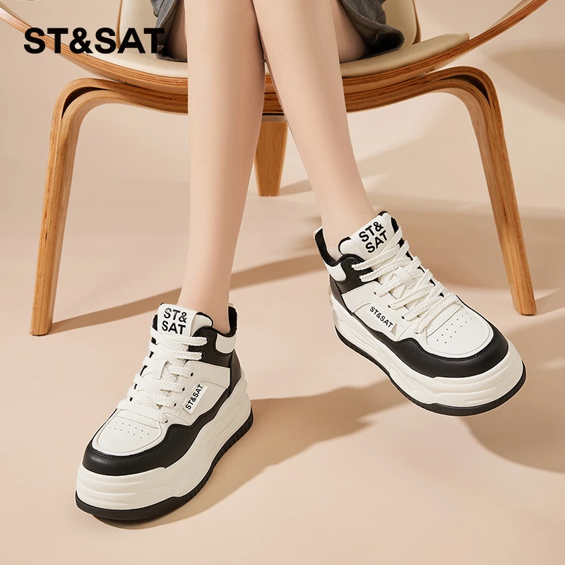 星期六厚底熊猫板鞋女秋冬2025新款高帮加绒小白鞋增高运动休闲鞋