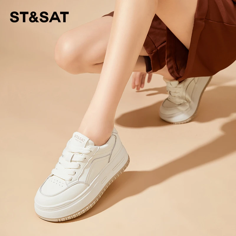 星期六2024春秋季新款厚底真皮白色小白鞋板鞋旅游休闲运动女鞋子