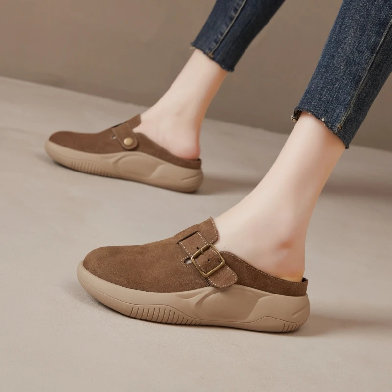 勒穆鞋2025夏季软底舒适时尚百搭真皮英伦经典外穿厚底包头半拖鞋