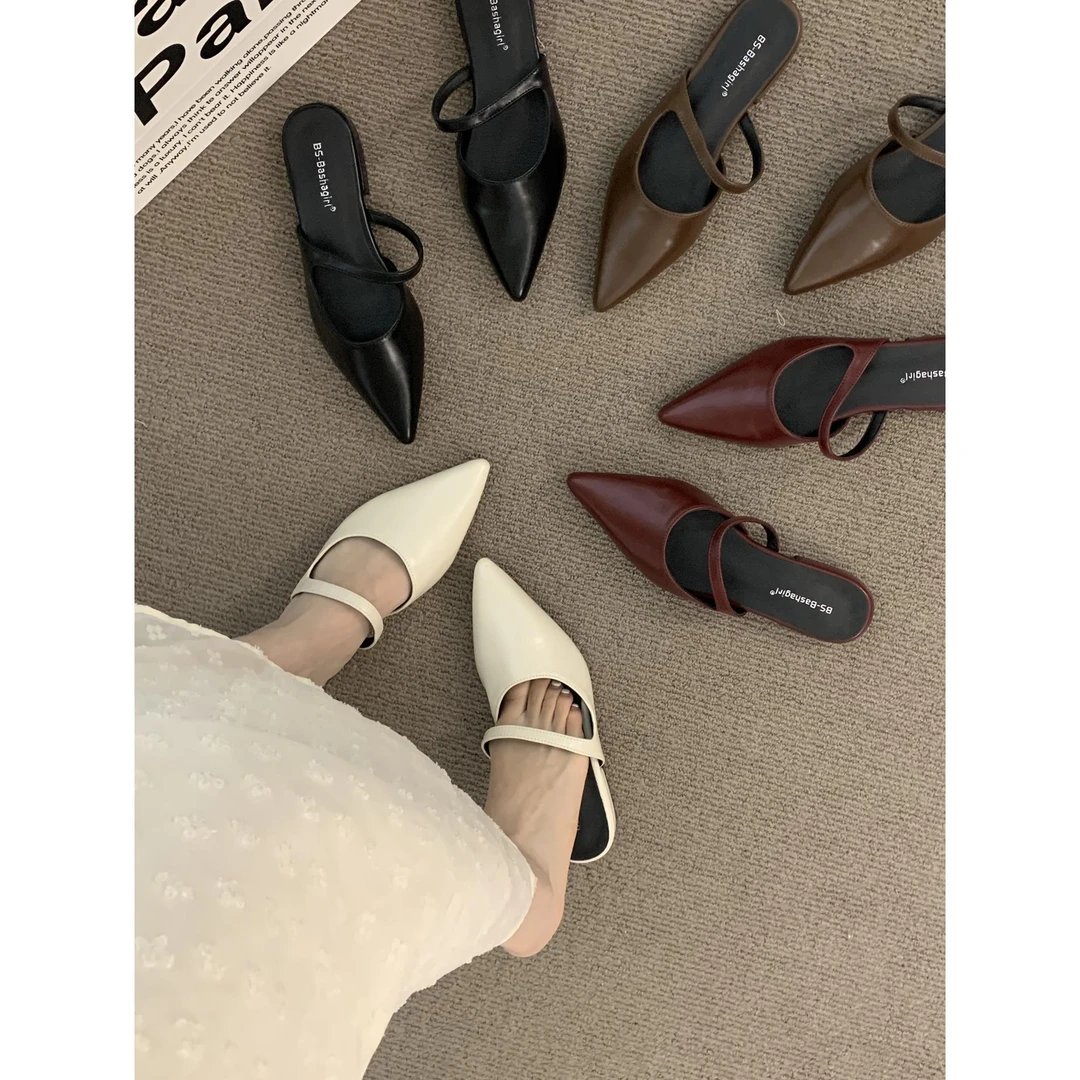 包头春夏鞋女小众低跟百搭春季红色尖头气质法式晚晚穆勒夏季凉拖