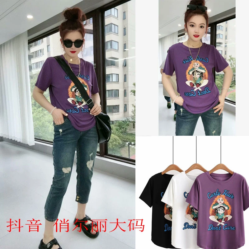 微胖女装穿搭休闲百搭短袖t恤夏季新款宽松卡通印花圆领上衣--607