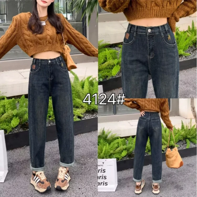 胖mm秋季新款女裤显瘦高腰弹力牛仔裤时尚百搭复古宽松老爹裤4124