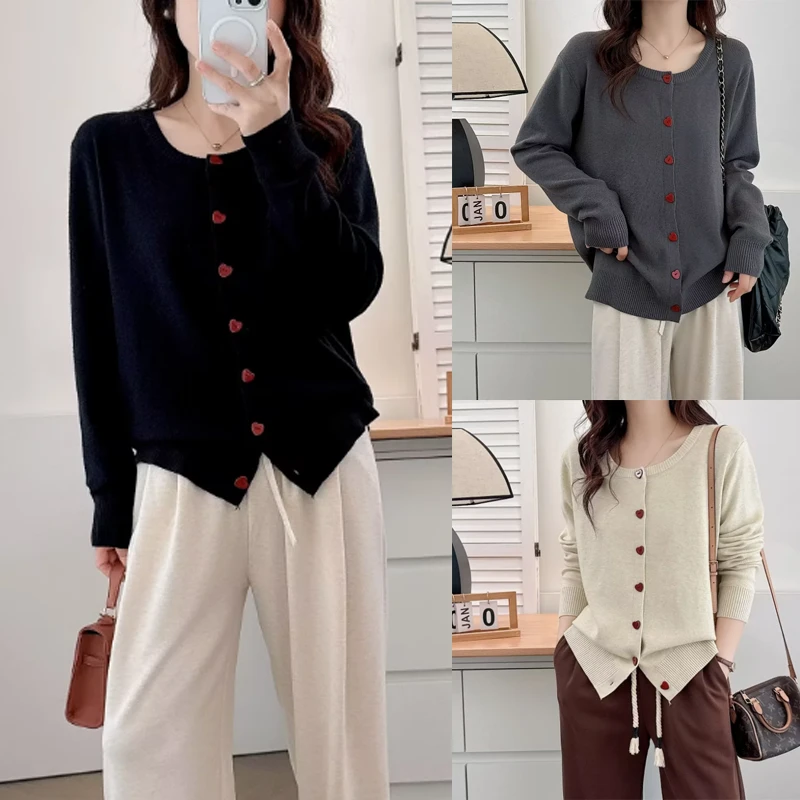 秋季女装胖人穿搭显瘦长袖针织开衫时尚百搭圆领宽松纯色上衣3323