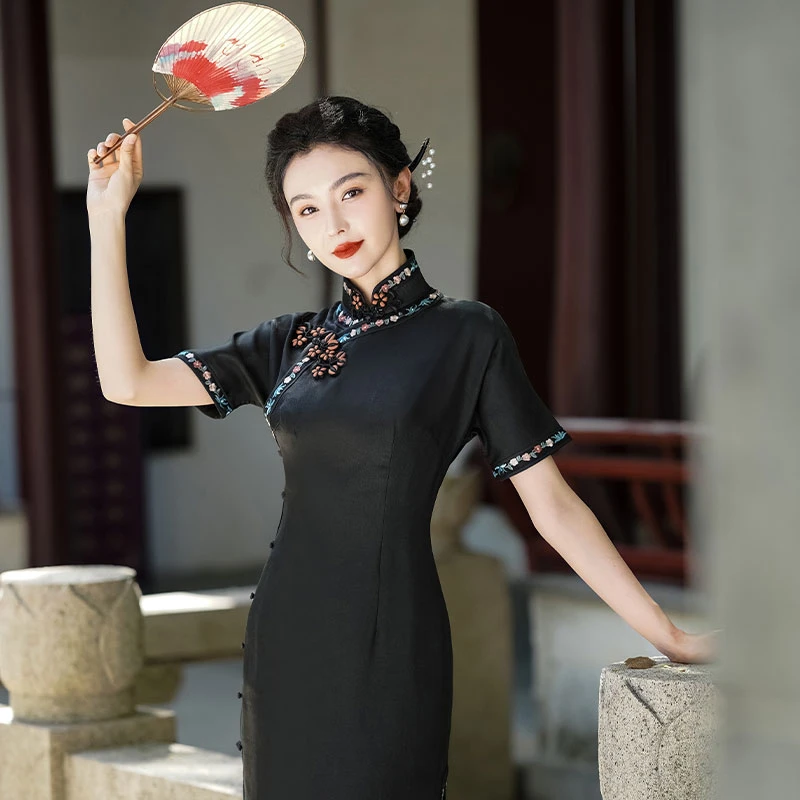 「翠楼吟」丽古龙手工古法国风高档绣花修身重工全开襟显瘦汉服旗袍