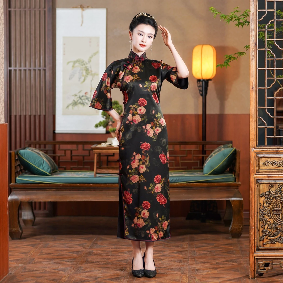 「暗夜玫瑰」乐锦坊中国风复古时尚气质高端原创古法全开襟汉服旗袍