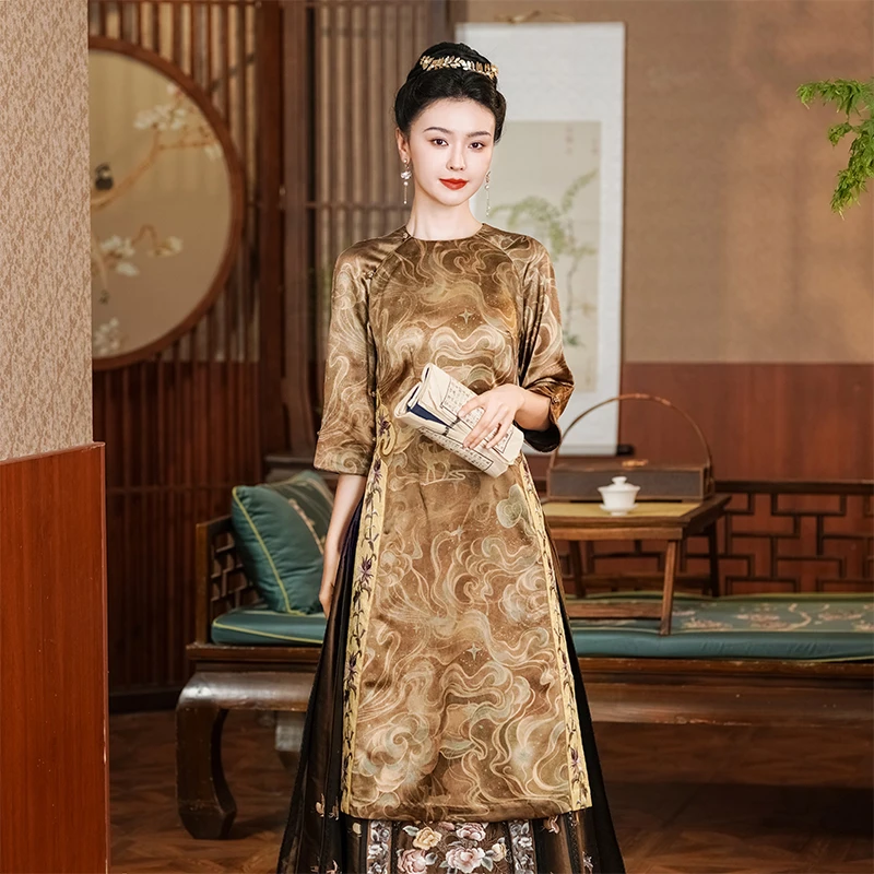 「落九天」乐锦坊古法中国风手工全开襟中式桑蚕丝国潮汉服奥黛旗袍