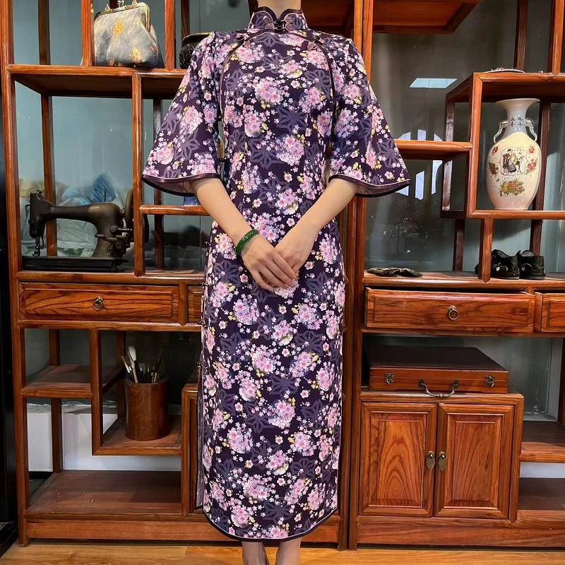 紫薇美龄襟一片式古布旗袍复古手工