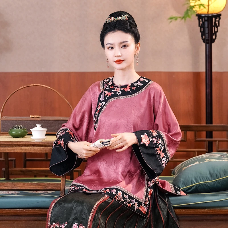 「庭树飞花」乐锦坊原创中国风复古手工圆领斜襟手推绣长袖汉服上衣