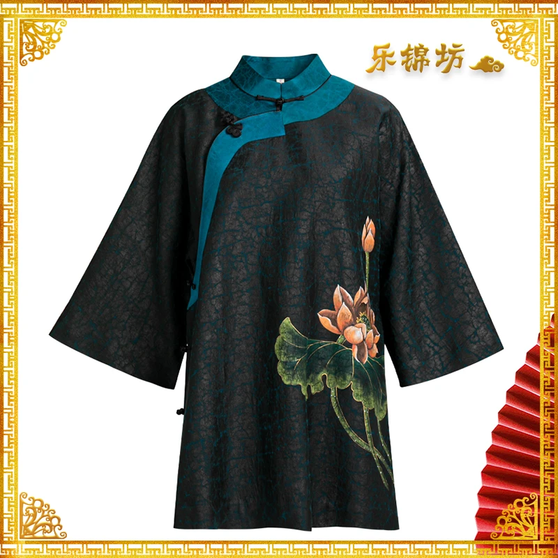 「出水芙蓉」·乐锦坊复古国风手工高定黑色龟裂纹手绘中长款姐姐服