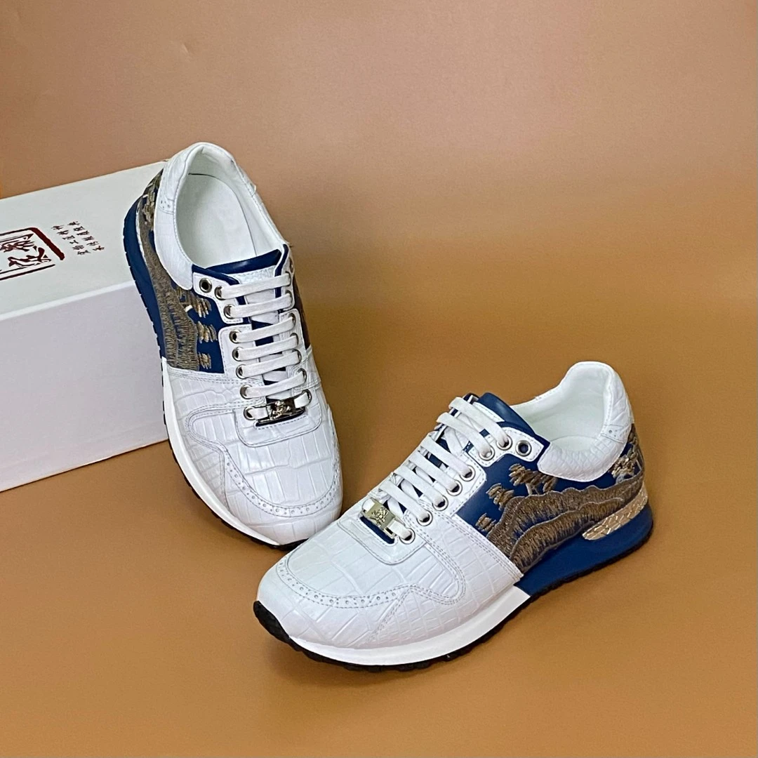 凌翰家新款国潮风山水画时尚潮流男士鳄鱼皮休闲鞋运动舒适百搭白