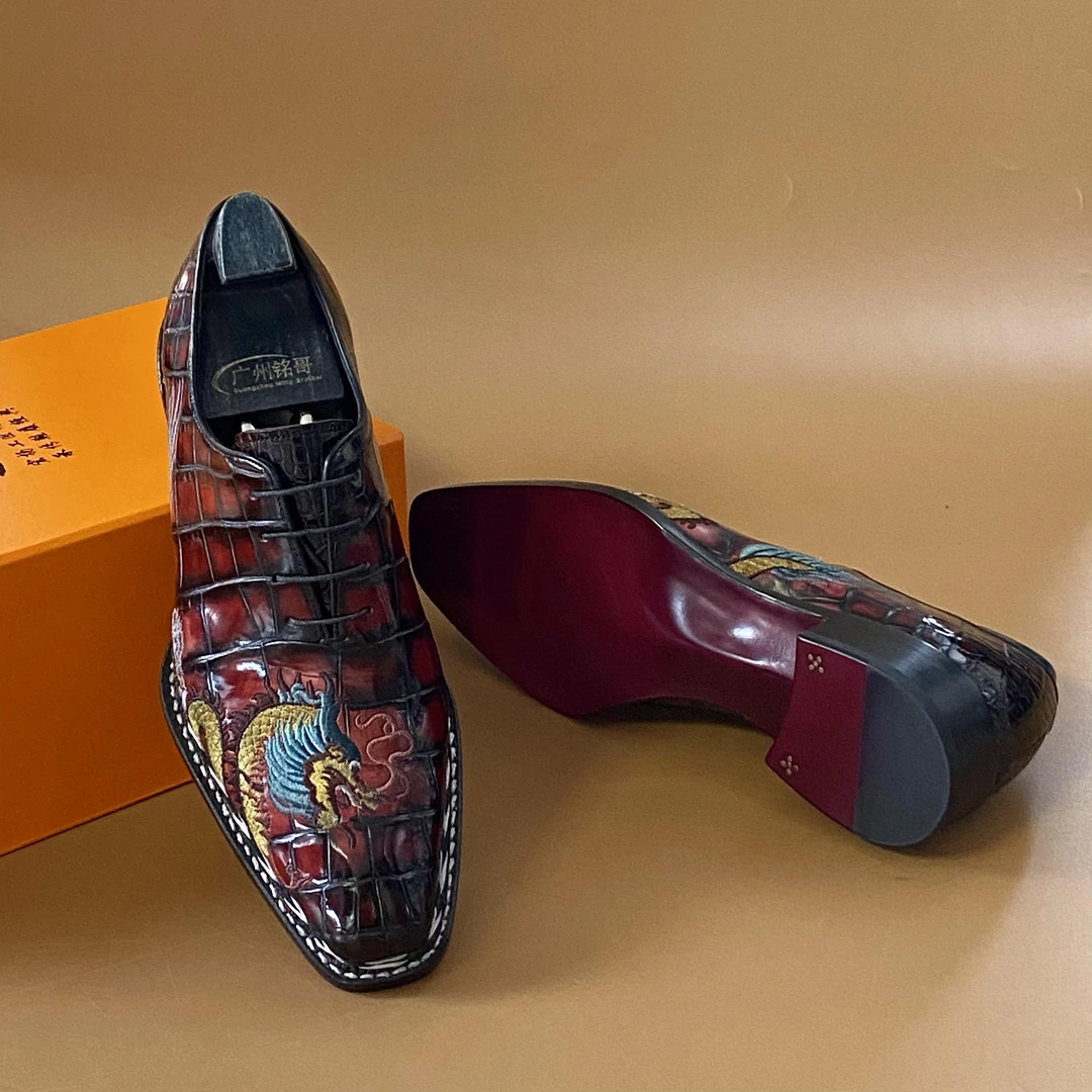 凌翰家手工刺绣挪威缝线圆弧琴底固特异龙凤呈祥龙款男款皮鞋