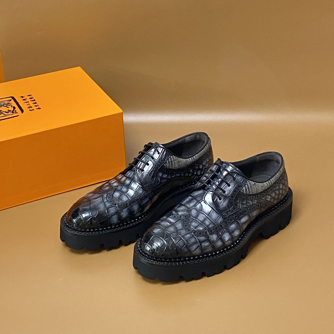 凌翰家2025新款仰望U8擦色鳄鱼皮男鞋时尚商务英伦真皮相思灰潮流
