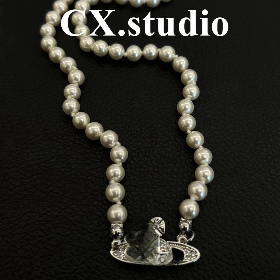 铜合金仿珍珠项链 银色土星珠珠项链5085