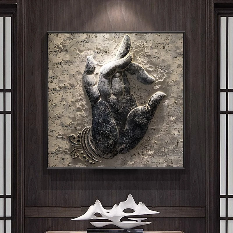 佛手新中式玄关装饰画茶室禅意挂画酒店正对门方形画走廊过道壁画