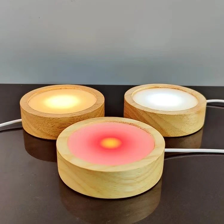 实木LED灯底座 DIY木制香薰 圆形水晶灯座 USB灯发光创意小灯座