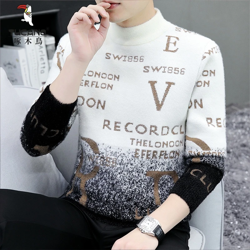 啄木鸟男士毛衣半高领加绒加厚仿羊毛羊绒衫秋冬秋衣保暖衣服冬装