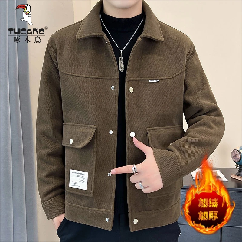 2023秋冬季男士加棉加厚翻领呢子夹克外套青年帅气纯色简约保暖潮