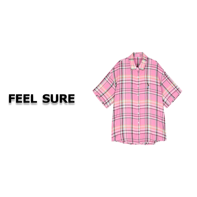 FEEL SURE K1270 夏季翻领格子减龄休闲卡通刺绣衬衫 DT-104227