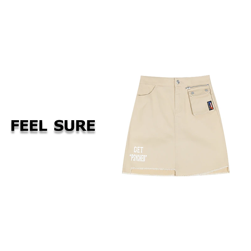 FEEL SURE K1479 口袋字母休闲半裙女不规则毛边牛仔短裙 2DQ1709