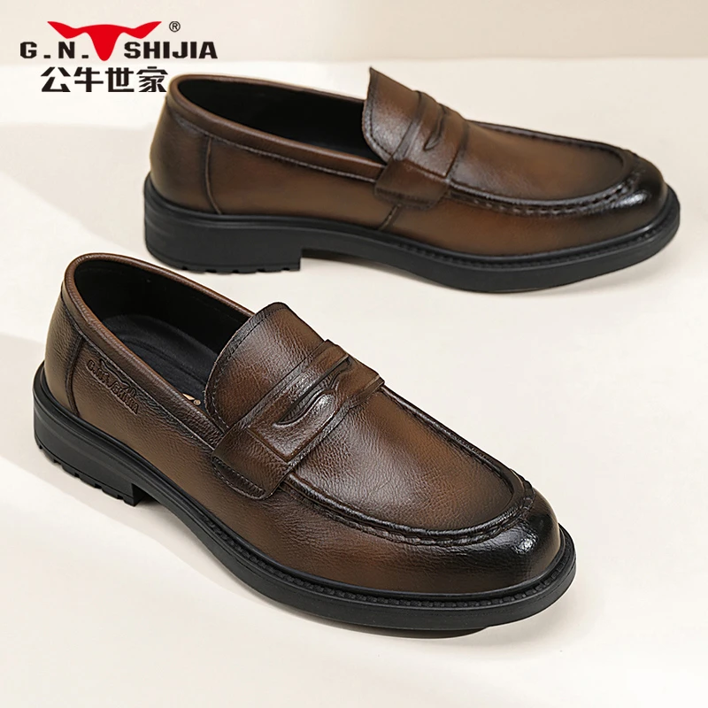 公牛世家皮鞋男士秋季懒人一脚蹬商务英伦爸爸鞋软底休闲乐福男鞋