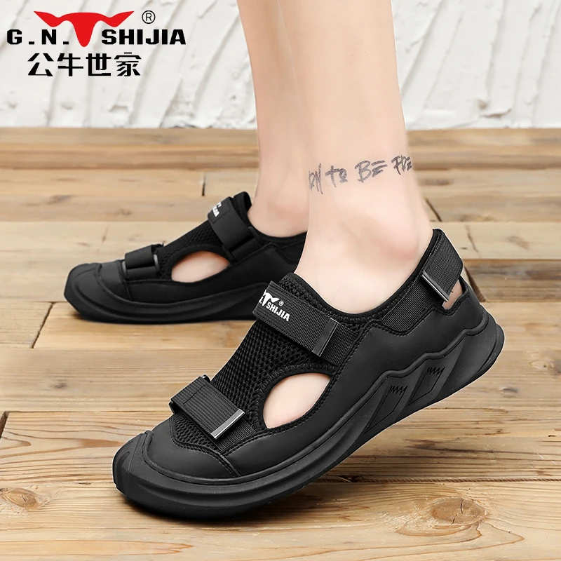 公牛世家包头凉鞋男士夏季透气防臭镂空洞洞鞋户外登山涉水沙滩鞋