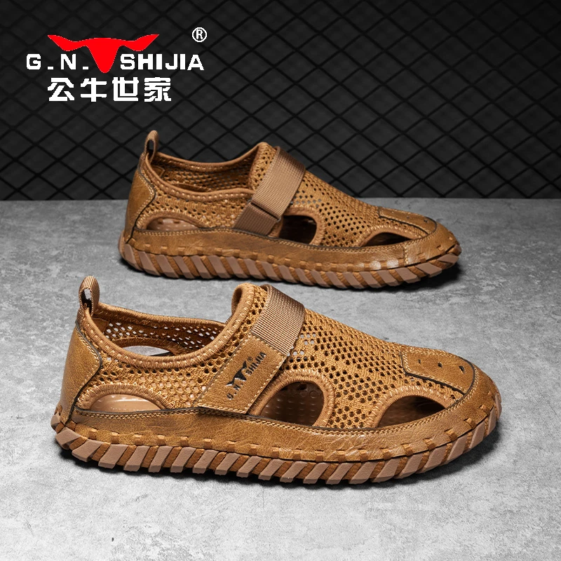 公牛世家凉鞋男款夏季男士手工编织网面涉水鞋镂空户外包头沙滩鞋