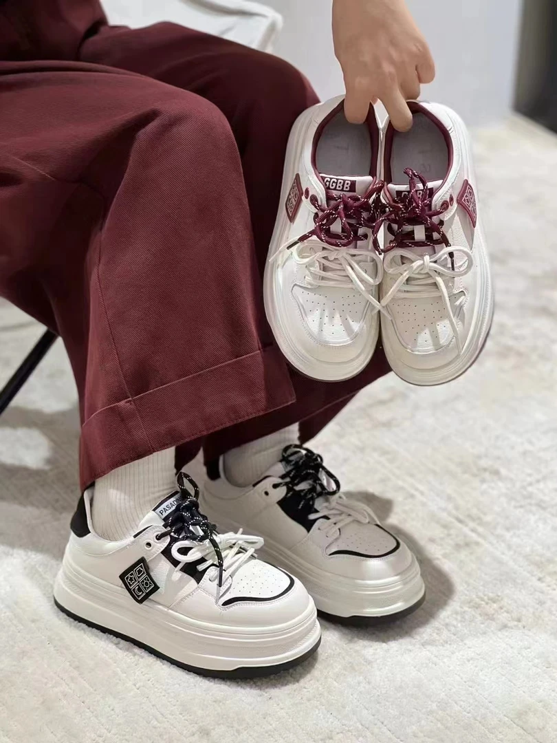 秋季新款真皮双鞋带厚底板鞋超轻底77-71