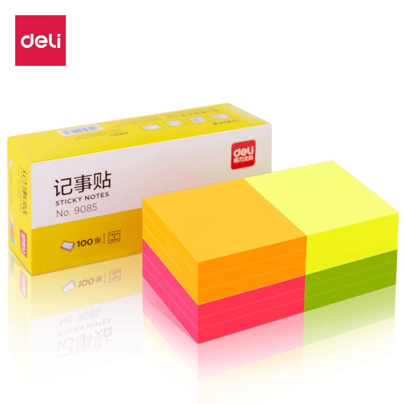 Deli/得力9085荧光记事贴76*76mm彩色便事贴便利帖100张单本