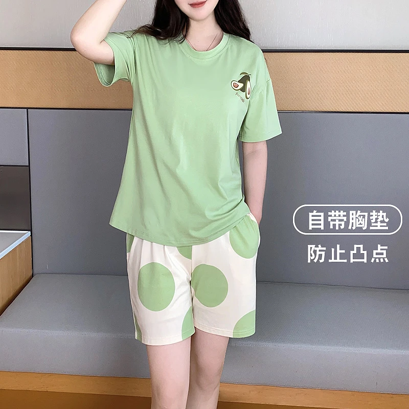 【短袖短裤】带胸垫纯棉睡衣女带胸垫套头可外穿家居服套装【Y17】