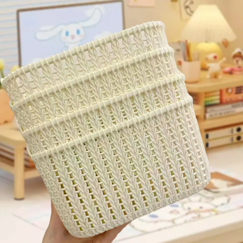 【福利！发4个】桌面小收纳篮家用高颜值仿藤编杂物化妆品收纳框储物