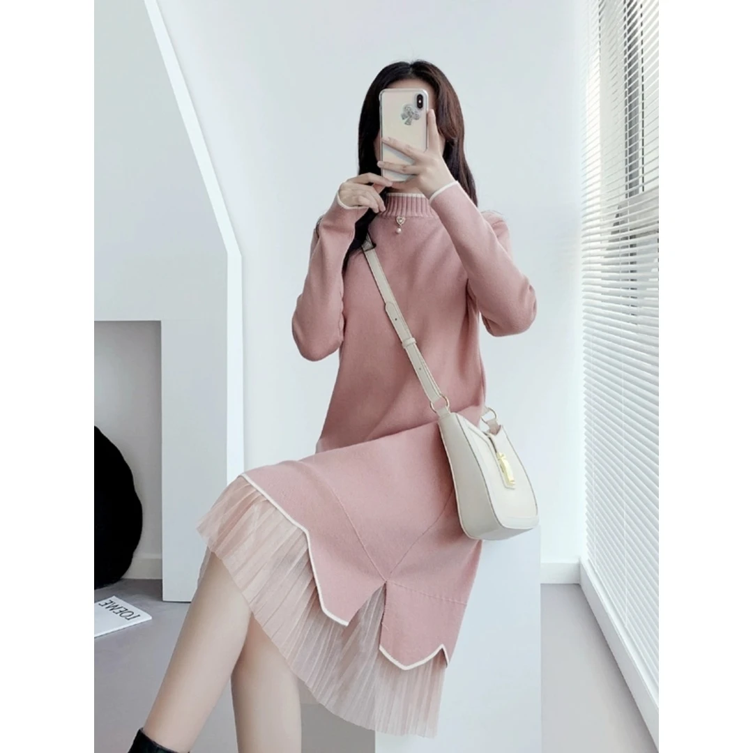 气质针织连衣裙女秋冬2023新款宽松显瘦内搭套头中长款毛衣打底裙