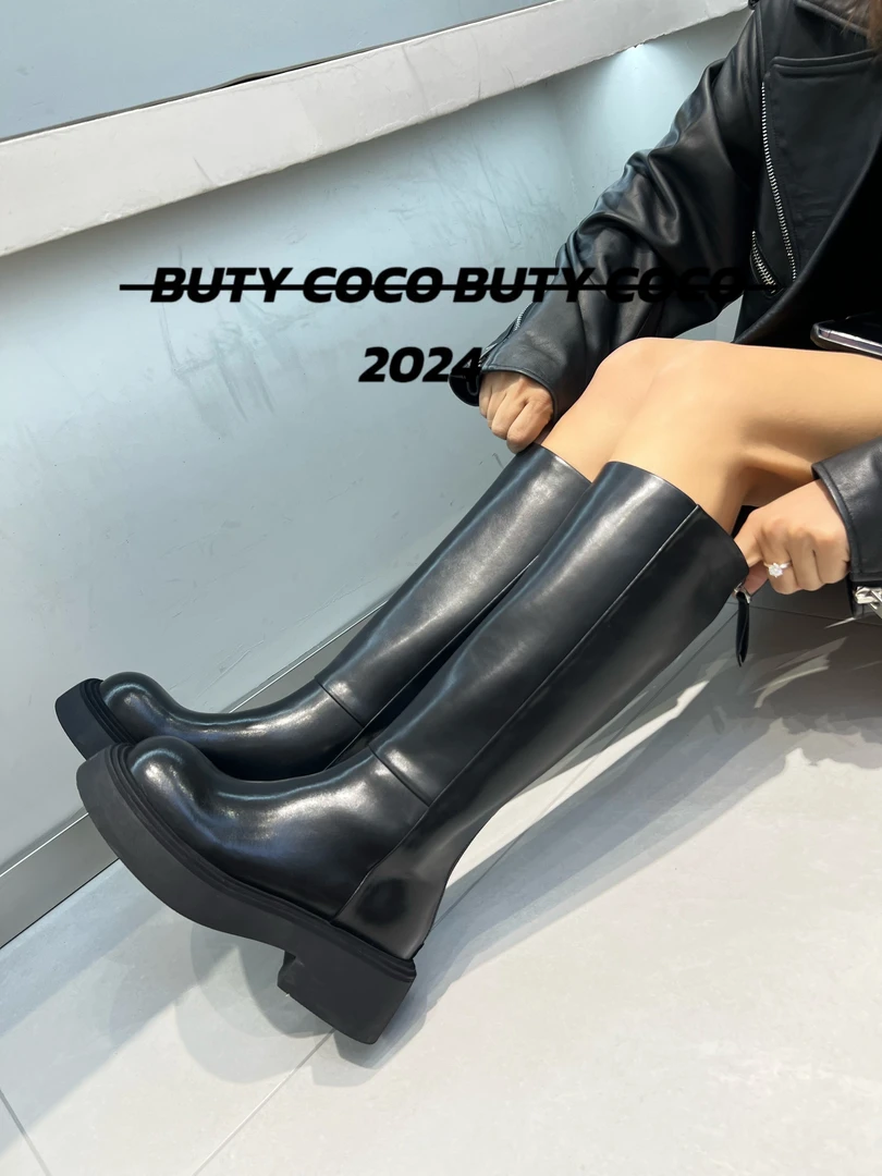 2025冬季新款牛皮长靴耐寒厚底高靴后拉链皮条显瘦女骑士靴2725-1