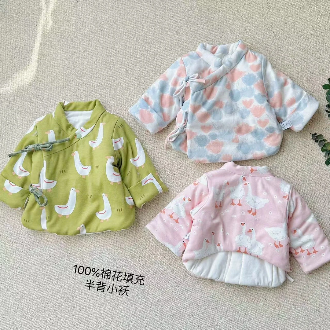 新生儿上衣棉花棉服婴儿长袖半背衣夹棉保暖秋冬季纯棉上衣印花