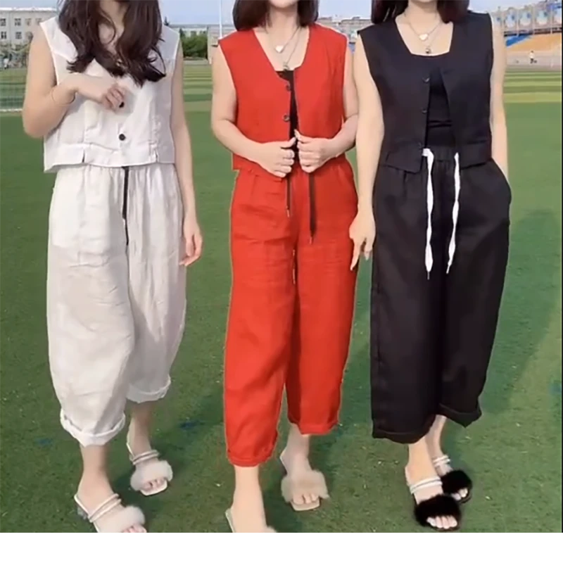大码女装2025新款高腰阔腿休闲裤女夏季薄款宽松显瘦两件套直筒裤